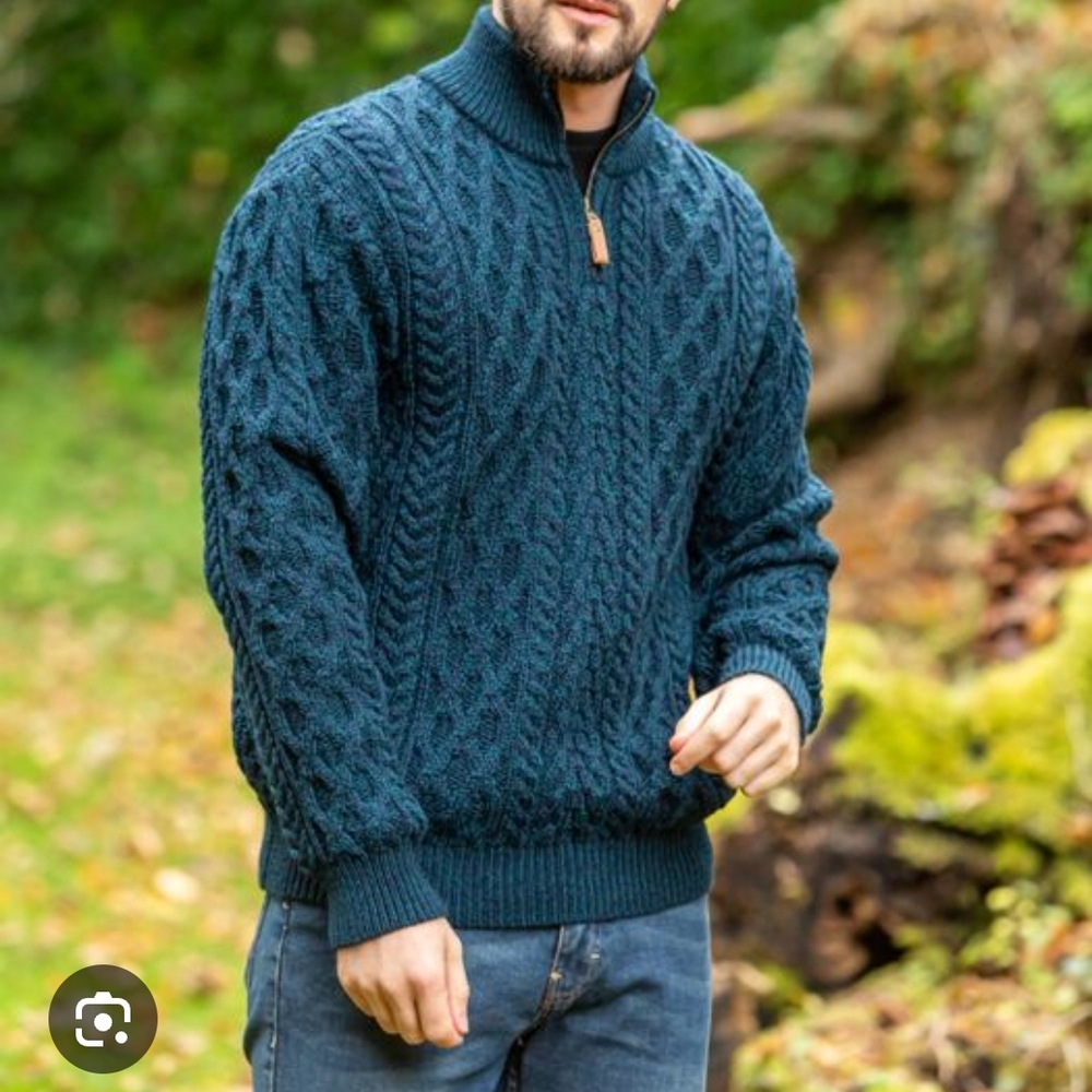 Aran Crafts Men's Zip Up Sweater - Dark Teal